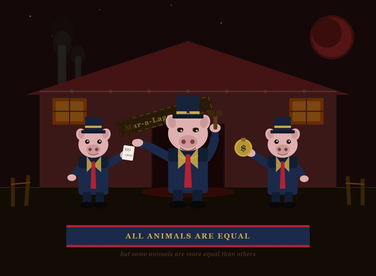 Animal Farm Abattoir — three suited pigs before a dark barn